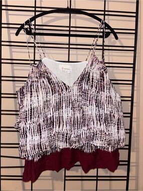 Anthropologie White and Maroon Tie-Dye Stripe Ruffled Camisole
